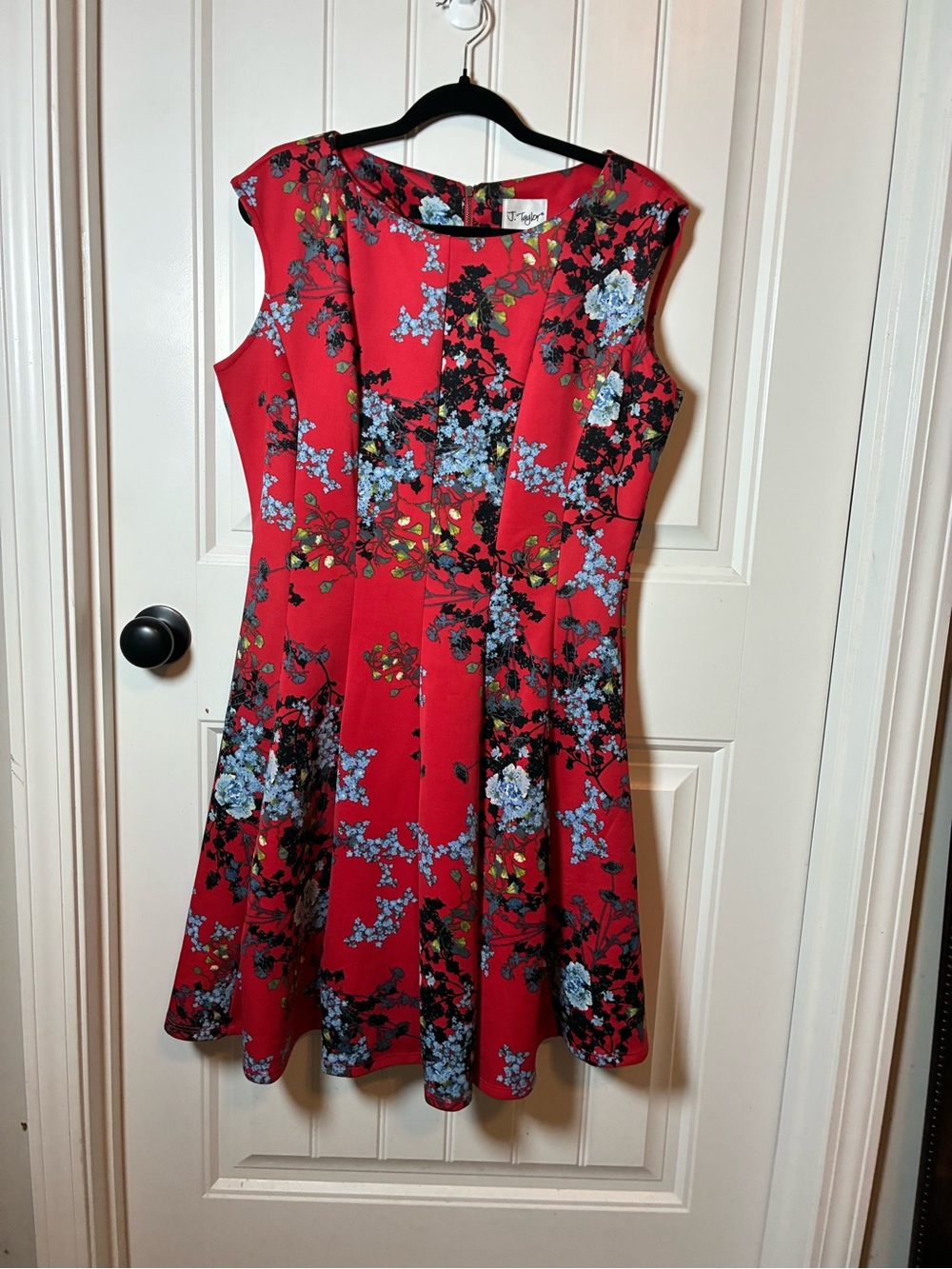 Taylor Red Floral Fit-and-Flare Midi Dress with Blue Blooms
